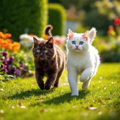 The primary subject of the image is a black and white cat and a white cat walking together in a grassy area. The setting is a garden with a variety of flowers, creating a beautiful and serene backdrop. The visual style of the image is a photo, capturing the cats in their natural environment. The dominant colors in the image are green from the grass and various shades of pink, purple, and yellow from the flowers. The overall atmosphere of the image is calm and peaceful, showcasing the harmony